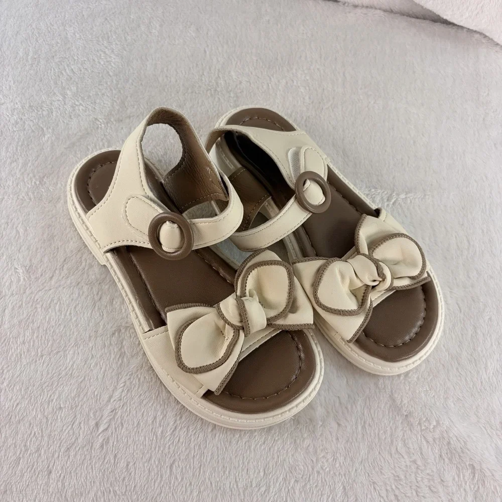 NWOB Girls Beige Bow Princess Sandals – Size EU 32 / US Kids Youth 1 Non Slip